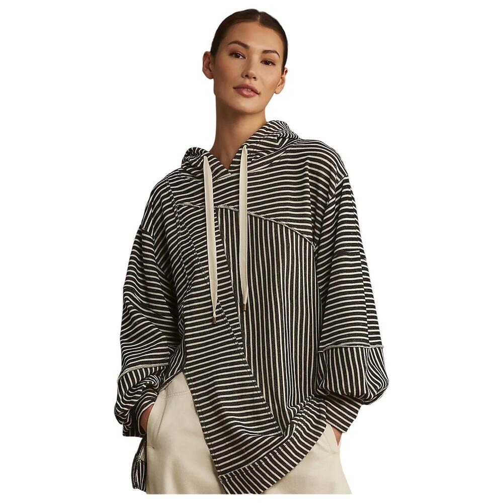 Pilcro Patchwork Sweatshirt 1X Black Cotton Stripe Hooded Pullover Anthropologie
